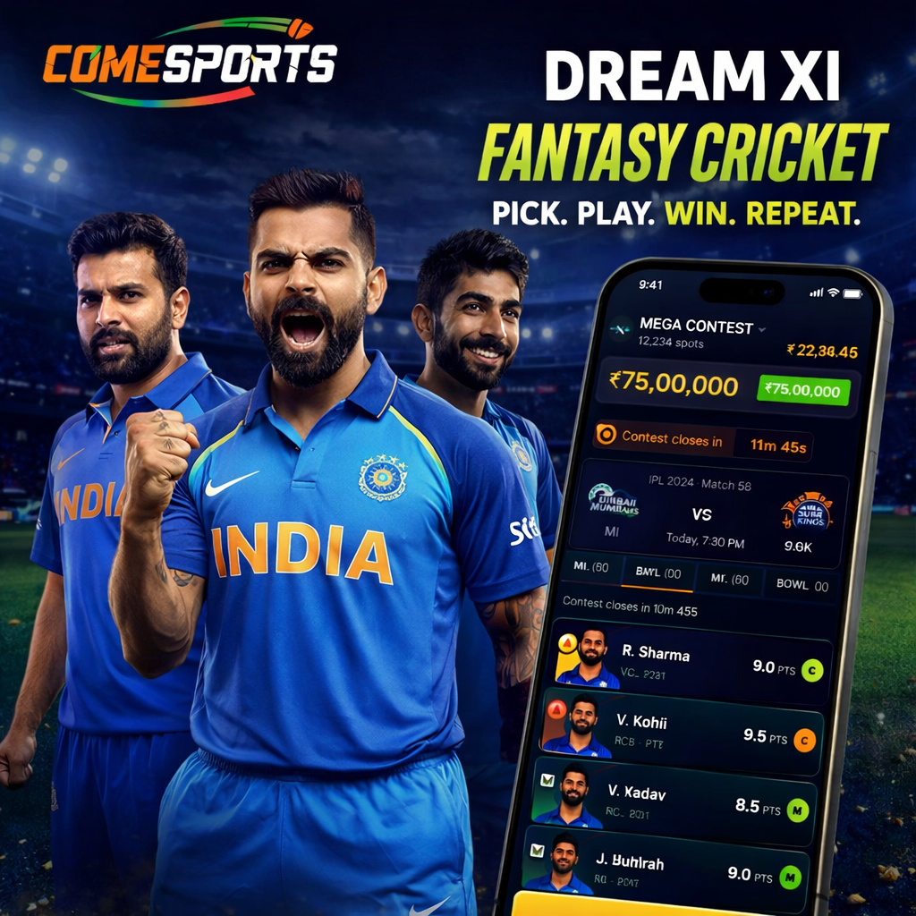 Come Cric Hub fantasy cricket and India team visual
