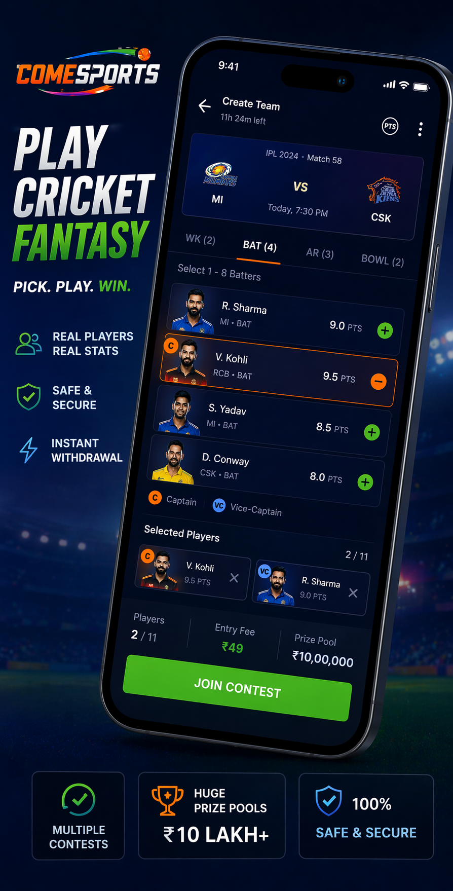 Come Cric Hub cricket fantasy visual